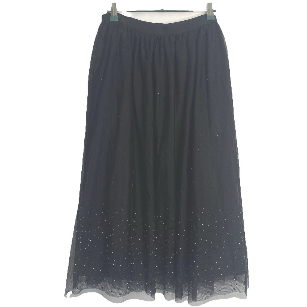 Black Tulle Rhinestone Embellished Maxi Skirt Elastic Waist Mesh Overlay